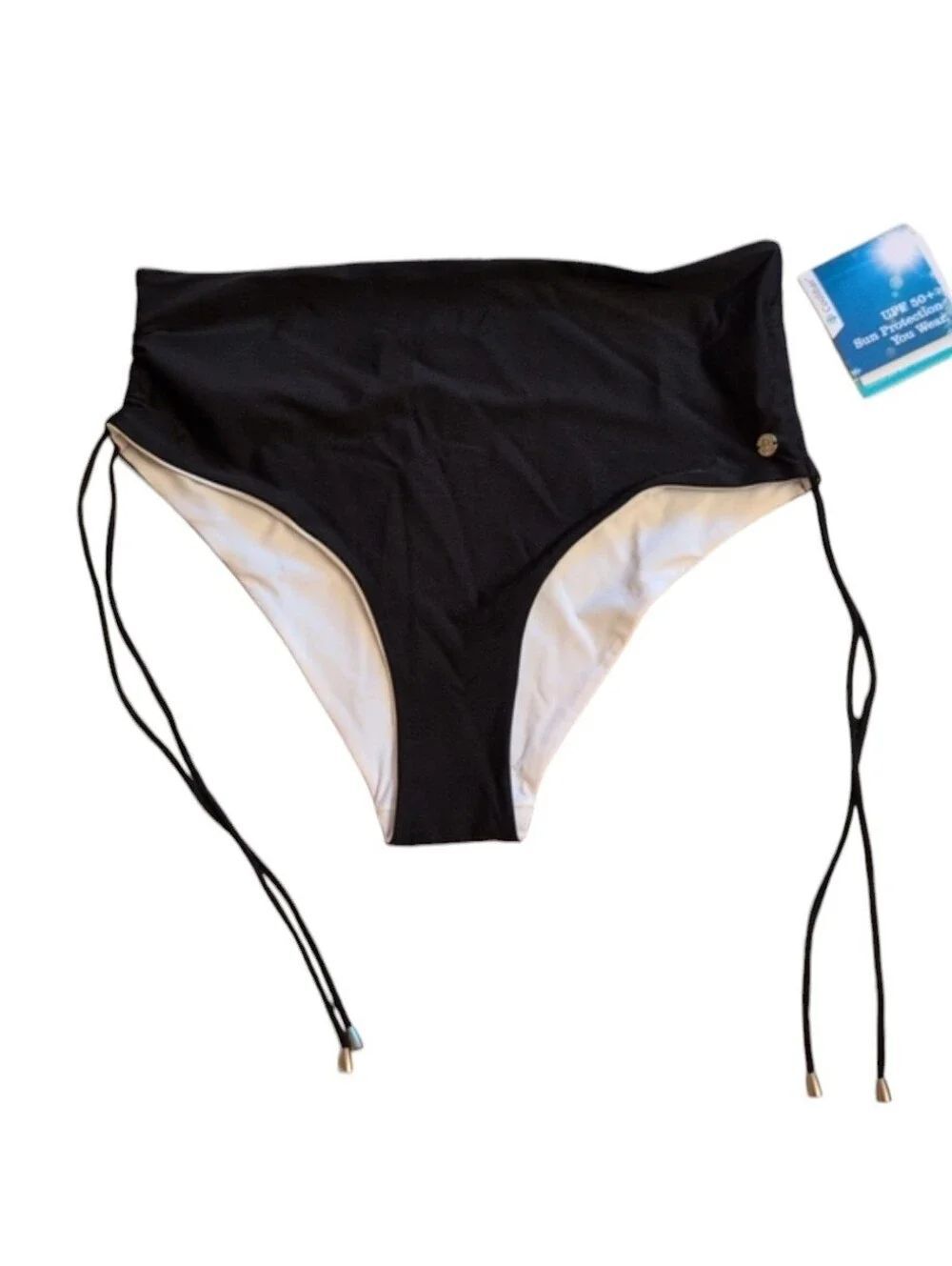 NWT Coolibar Myrtle Reversible Ruche Adjustable Swim Bottoms Black White XL